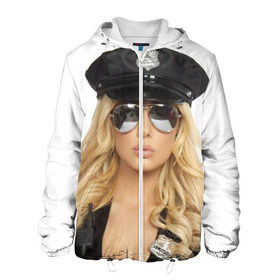 Мужская куртка 3D с принтом Девушка полицейский в Екатеринбурге, ткань верха — 100% полиэстер, подклад — флис | прямой крой, подол и капюшон оформлены резинкой с фиксаторами, два кармана без застежек по бокам, один большой потайной карман на груди. Карман на груди застегивается на липучку | Тематика изображения на принте: блондинка | девушка | кожа | очки | форма | фуражка