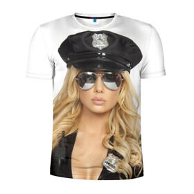 Мужская футболка 3D спортивная с принтом Девушка полицейский в Екатеринбурге, 100% полиэстер с улучшенными характеристиками | приталенный силуэт, круглая горловина, широкие плечи, сужается к линии бедра | Тематика изображения на принте: блондинка | девушка | кожа | очки | форма | фуражка