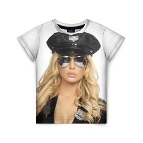 Детская футболка 3D с принтом Девушка полицейский в Екатеринбурге, 100% гипоаллергенный полиэфир | прямой крой, круглый вырез горловины, длина до линии бедер, чуть спущенное плечо, ткань немного тянется | блондинка | девушка | кожа | очки | форма | фуражка