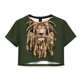 Женская футболка 3D укороченная с принтом Лев в Екатеринбурге, 100% полиэстер | круглая горловина, длина футболки до линии талии, рукава с отворотами | reggae | лев | музыка | наушники | прическа | регги | стиль | ямайка