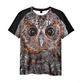 Мужская футболка 3D с принтом Сова в Екатеринбурге, 100% полиэфир | прямой крой, круглый вырез горловины, длина до линии бедер | взгляд | гипноз | гипнотический | глаза | мистическая | ночная | ночь | птица | сова | фон | хищник | черный