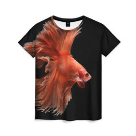 Женская футболка 3D с принтом Бойцовая рыбка в Екатеринбурге, 100% полиэфир ( синтетическое хлопкоподобное полотно) | прямой крой, круглый вырез горловины, длина до линии бедер | аквариумная | бойцовая | красивый | плавники | рыба | рыбка | хвост | япаонская