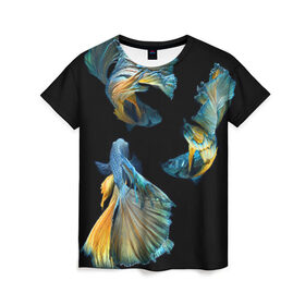 Женская футболка 3D с принтом Бойцовая рыбка в Екатеринбурге, 100% полиэфир ( синтетическое хлопкоподобное полотно) | прямой крой, круглый вырез горловины, длина до линии бедер | аквариумная | бойцовая | красивый | плавники | рыба | рыбка | хвост | япаонская