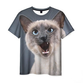 Мужская футболка 3D с принтом Злой кот в Екатеринбурге, 100% полиэфир | прямой крой, круглый вырез горловины, длина до линии бедер | взгляд | домашнее | животное | злой | зубы | клыки | кот | котэ | кошка | оскал | сеамский