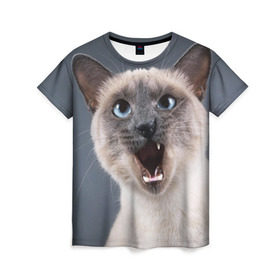 Женская футболка 3D с принтом Злой кот в Екатеринбурге, 100% полиэфир ( синтетическое хлопкоподобное полотно) | прямой крой, круглый вырез горловины, длина до линии бедер | взгляд | домашнее | животное | злой | зубы | клыки | кот | котэ | кошка | оскал | сеамский