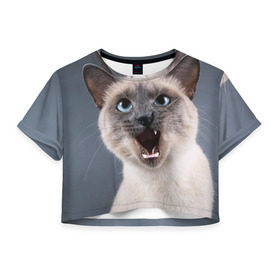 Женская футболка 3D укороченная с принтом Злой кот в Екатеринбурге, 100% полиэстер | круглая горловина, длина футболки до линии талии, рукава с отворотами | взгляд | домашнее | животное | злой | зубы | клыки | кот | котэ | кошка | оскал | сеамский