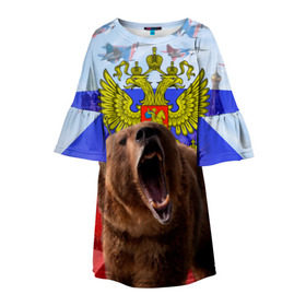 Детское платье 3D с принтом Русский медведь и герб в Екатеринбурге, 100% полиэстер | прямой силуэт, чуть расширенный к низу. Круглая горловина, на рукавах — воланы | Тематика изображения на принте: герб | медведь | россия | русский | русский медведь