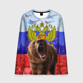 Мужской лонгслив 3D с принтом Русский медведь и герб в Екатеринбурге, 100% полиэстер | длинные рукава, круглый вырез горловины, полуприлегающий силуэт | Тематика изображения на принте: герб | медведь | россия | русский | русский медведь