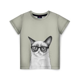 Детская футболка 3D с принтом Кот - хипстер в Екатеринбурге, 100% гипоаллергенный полиэфир | прямой крой, круглый вырез горловины, длина до линии бедер, чуть спущенное плечо, ткань немного тянется | cat | hipster | кот | кошка | хипстер