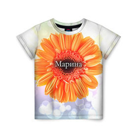 Детская футболка 3D с принтом Марина в Екатеринбурге, 100% гипоаллергенный полиэфир | прямой крой, круглый вырез горловины, длина до линии бедер, чуть спущенное плечо, ткань немного тянется | девушке | имя | любимой | марина | подарок | подарок любимой | подарок на 8 марта | подарок на день рождения | с 8 марта | цветок | цветы