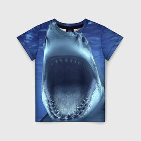 Детская футболка 3D с принтом Белая акула в Екатеринбурге, 100% гипоаллергенный полиэфир | прямой крой, круглый вырез горловины, длина до линии бедер, чуть спущенное плечо, ткань немного тянется | Тематика изображения на принте: shark | море | синий