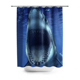 Штора 3D для ванной с принтом Белая акула в Екатеринбурге, 100% полиэстер | плотность материала — 100 г/м2. Стандартный размер — 146 см х 180 см. По верхнему краю — пластиковые люверсы для креплений. В комплекте 10 пластиковых колец | shark | море | синий