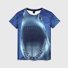 Женская футболка 3D с принтом Белая акула в Екатеринбурге, 100% полиэфир ( синтетическое хлопкоподобное полотно) | прямой крой, круглый вырез горловины, длина до линии бедер | shark | море | синий