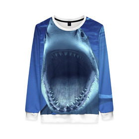 Женский свитшот 3D с принтом Белая акула в Екатеринбурге, 100% полиэстер с мягким внутренним слоем | круглый вырез горловины, мягкая резинка на манжетах и поясе, свободная посадка по фигуре | shark | море | синий