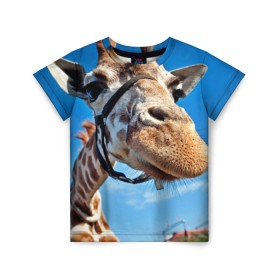 Детская футболка 3D с принтом Прикольный жираф в Екатеринбурге, 100% гипоаллергенный полиэфир | прямой крой, круглый вырез горловины, длина до линии бедер, чуть спущенное плечо, ткань немного тянется | Тематика изображения на принте: африка | животное | жираф | небо | природа
