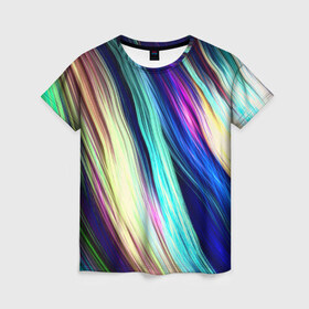 Женская футболка 3D с принтом Волокна в Екатеринбурге, 100% полиэфир ( синтетическое хлопкоподобное полотно) | прямой крой, круглый вырез горловины, длина до линии бедер | линии | полосы | прикольные | текстуры | цветные | яркие