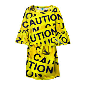 Детское платье 3D с принтом Caution в Екатеринбурге, 100% полиэстер | прямой силуэт, чуть расширенный к низу. Круглая горловина, на рукавах — воланы | Тематика изображения на принте: caution | желтый | надписи | популярные | прикольные