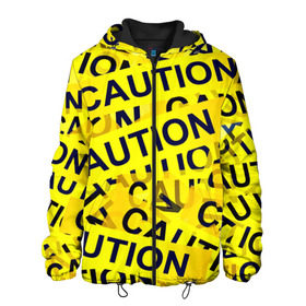 Мужская куртка 3D с принтом Caution в Екатеринбурге, ткань верха — 100% полиэстер, подклад — флис | прямой крой, подол и капюшон оформлены резинкой с фиксаторами, два кармана без застежек по бокам, один большой потайной карман на груди. Карман на груди застегивается на липучку | caution | желтый | надписи | популярные | прикольные