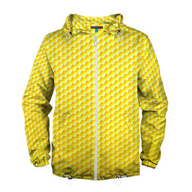 Мужская ветровка 3D с принтом Соты в Екатеринбурге, 100% полиэстер | подол и капюшон оформлены резинкой с фиксаторами, два кармана без застежек по бокам, один потайной карман на груди | yellow | вкусные | еда | желтый | прикольные | пчелы | соты