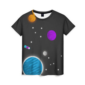 Женская футболка 3D с принтом Космос в Екатеринбурге, 100% полиэфир ( синтетическое хлопкоподобное полотно) | прямой крой, круглый вырез горловины, длина до линии бедер | галактика | звезды | земля | метеорит | солнце
