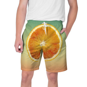 Мужские шорты 3D с принтом Апельсиновый рай в Екатеринбурге,  полиэстер 100% | прямой крой, два кармана без застежек по бокам. Мягкая трикотажная резинка на поясе, внутри которой широкие завязки. Длина чуть выше колен | апельсин | градиент | жёлтый | зелёный | оранжевый