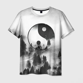 Мужская футболка 3D с принтом Гармония в Екатеринбурге, 100% полиэфир | прямой крой, круглый вырез горловины, длина до линии бедер | белое | гармония | инь | природа | черное | янь