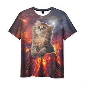 Мужская футболка 3D с принтом Кот на вулкане в Екатеринбурге, 100% полиэфир | прямой крой, круглый вырез горловины, длина до линии бедер | Тематика изображения на принте: вулкан | извержение | кот | котенок | лава | метеорит
