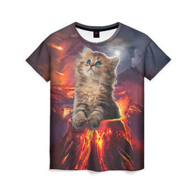 Женская футболка 3D с принтом Кот на вулкане в Екатеринбурге, 100% полиэфир ( синтетическое хлопкоподобное полотно) | прямой крой, круглый вырез горловины, длина до линии бедер | вулкан | извержение | кот | котенок | лава | метеорит
