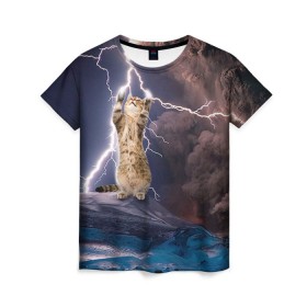 Женская футболка 3D с принтом Кот и молния в Екатеринбурге, 100% полиэфир ( синтетическое хлопкоподобное полотно) | прямой крой, круглый вырез горловины, длина до линии бедер | буря | гроза | кот | котенок | молния | облака