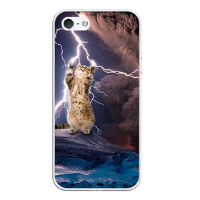 Чехол для iPhone 5/5S матовый с принтом Кот и молния в Екатеринбурге, Силикон | Область печати: задняя сторона чехла, без боковых панелей | буря | гроза | кот | котенок | молния | облака