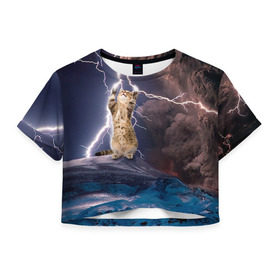 Женская футболка 3D укороченная с принтом Кот и молния в Екатеринбурге, 100% полиэстер | круглая горловина, длина футболки до линии талии, рукава с отворотами | буря | гроза | кот | котенок | молния | облака