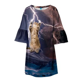 Детское платье 3D с принтом Кот и молния в Екатеринбурге, 100% полиэстер | прямой силуэт, чуть расширенный к низу. Круглая горловина, на рукавах — воланы | буря | гроза | кот | котенок | молния | облака