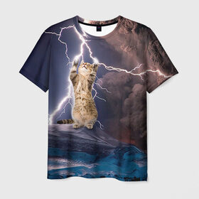 Мужская футболка 3D с принтом Кот и молния в Екатеринбурге, 100% полиэфир | прямой крой, круглый вырез горловины, длина до линии бедер | буря | гроза | кот | котенок | молния | облака