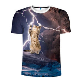 Мужская футболка 3D спортивная с принтом Кот и молния в Екатеринбурге, 100% полиэстер с улучшенными характеристиками | приталенный силуэт, круглая горловина, широкие плечи, сужается к линии бедра | буря | гроза | кот | котенок | молния | облака