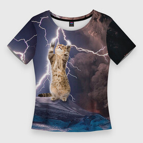 Женская футболка 3D Slim с принтом Кот и молния в Екатеринбурге,  |  | буря | гроза | кот | котенок | молния | облака