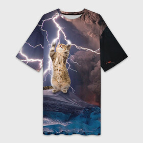 Платье-футболка 3D с принтом Кот и молния в Екатеринбурге,  |  | буря | гроза | кот | котенок | молния | облака