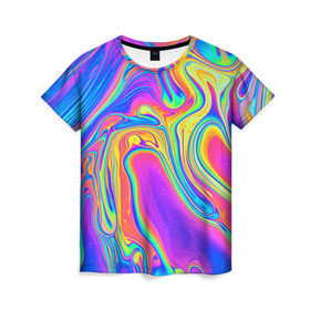 Женская футболка 3D с принтом Цветные разводы в Екатеринбурге, 100% полиэфир ( синтетическое хлопкоподобное полотно) | прямой крой, круглый вырез горловины, длина до линии бедер | абстракция | краска | разводы | узор