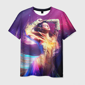 Мужская футболка 3D с принтом Девушка в огнях в Екатеринбурге, 100% полиэфир | прямой крой, круглый вырез горловины, длина до линии бедер | девушка в огнях | звезды | космос | краски | цвет | яркие