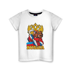 Детская футболка хлопок с принтом Только Русский Хоккей! в Екатеринбурге, 100% хлопок | круглый вырез горловины, полуприлегающий силуэт, длина до линии бедер | медведь | россия | русский | хоккей | чемпион | шайба