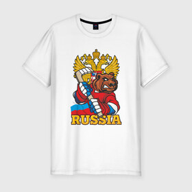 Мужская футболка премиум с принтом Только Русский Хоккей! в Екатеринбурге, 92% хлопок, 8% лайкра | приталенный силуэт, круглый вырез ворота, длина до линии бедра, короткий рукав | медведь | россия | русский | хоккей | чемпион | шайба