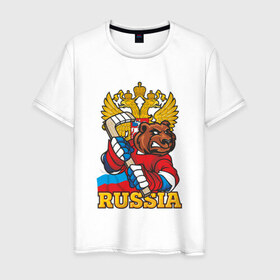 Мужская футболка хлопок с принтом Только Русский Хоккей! в Екатеринбурге, 100% хлопок | прямой крой, круглый вырез горловины, длина до линии бедер, слегка спущенное плечо. | медведь | россия | русский | хоккей | чемпион | шайба