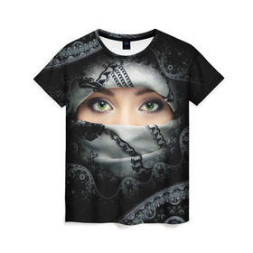 Женская футболка 3D с принтом Восточная девушка в Екатеринбурге, 100% полиэфир ( синтетическое хлопкоподобное полотно) | прямой крой, круглый вырез горловины, длина до линии бедер | взгляд | восточная девушка | глаза | красивая | никаб | орнамент | узоры | хиджаб