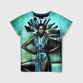 Детская футболка 3D с принтом Африканская девушка в Екатеринбурге, 100% гипоаллергенный полиэфир | прямой крой, круглый вырез горловины, длина до линии бедер, чуть спущенное плечо, ткань немного тянется | африка | африканская девушка | в перьях | модель | перья