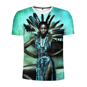 Мужская футболка 3D спортивная с принтом Африканская девушка в Екатеринбурге, 100% полиэстер с улучшенными характеристиками | приталенный силуэт, круглая горловина, широкие плечи, сужается к линии бедра | африка | африканская девушка | в перьях | модель | перья