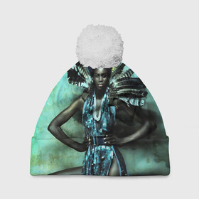 Шапка 3D c помпоном с принтом Африканская девушка в Екатеринбурге, 100% полиэстер | универсальный размер, печать по всей поверхности изделия | африка | африканская девушка | в перьях | модель | перья