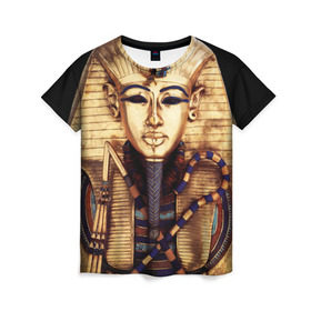 Женская футболка 3D с принтом Хатшепсут в Екатеринбурге, 100% полиэфир ( синтетическое хлопкоподобное полотно) | прямой крой, круглый вырез горловины, длина до линии бедер | египет | женщина | золото | маска | фараон египта | хатшепсут