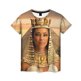 Женская футболка 3D с принтом Клеопатра в Екатеринбурге, 100% полиэфир ( синтетическое хлопкоподобное полотно) | прямой крой, круглый вырез горловины, длина до линии бедер | Тематика изображения на принте: египет | египетская | закат | золото | клеопатра | корона | песок | пирамиды | пустыня | солнце | царица