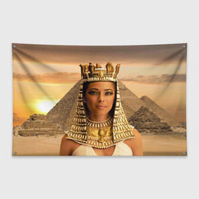 Флаг-баннер с принтом Клеопатра в Екатеринбурге, 100% полиэстер | размер 67 х 109 см, плотность ткани — 95 г/м2; по краям флага есть четыре люверса для крепления | египет | египетская | закат | золото | клеопатра | корона | песок | пирамиды | пустыня | солнце | царица
