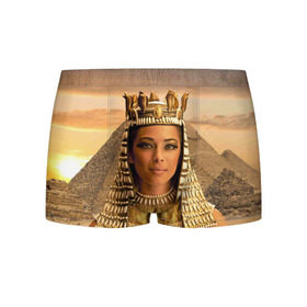 Мужские трусы 3D с принтом Клеопатра в Екатеринбурге, 50% хлопок, 50% полиэстер | классическая посадка, на поясе мягкая тканевая резинка | Тематика изображения на принте: египет | египетская | закат | золото | клеопатра | корона | песок | пирамиды | пустыня | солнце | царица