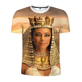 Мужская футболка 3D спортивная с принтом Клеопатра в Екатеринбурге, 100% полиэстер с улучшенными характеристиками | приталенный силуэт, круглая горловина, широкие плечи, сужается к линии бедра | Тематика изображения на принте: египет | египетская | закат | золото | клеопатра | корона | песок | пирамиды | пустыня | солнце | царица